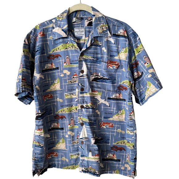David Carey Originals Maine Button Up Shirt L Map Print Lighthouse Blue - Picture 1 of 9